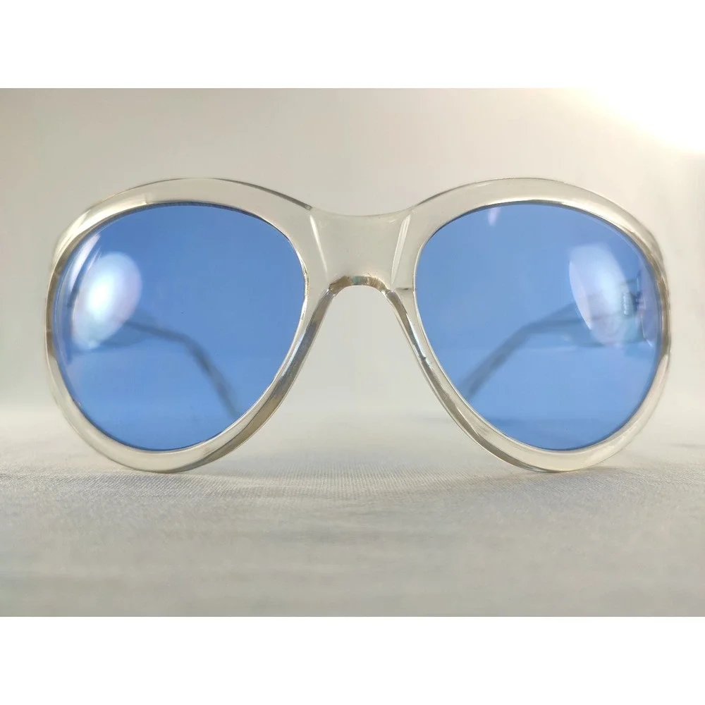 Colossus Oversized Round Sunglasses Clear Crystal Frame Blue Lenses VTG Style